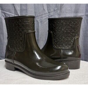 Coach Signature C Women’s Rubber Rain Boots Dark Olive Black Size 8